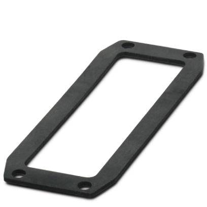 Rectangular seal with four drill holes, made of black material, suitable for technical applications or mechanical engineering.