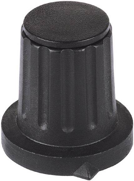 Black, ribbed rotary knob for devices, conically shaped, with a flat top. Used for adjusting device controls.
