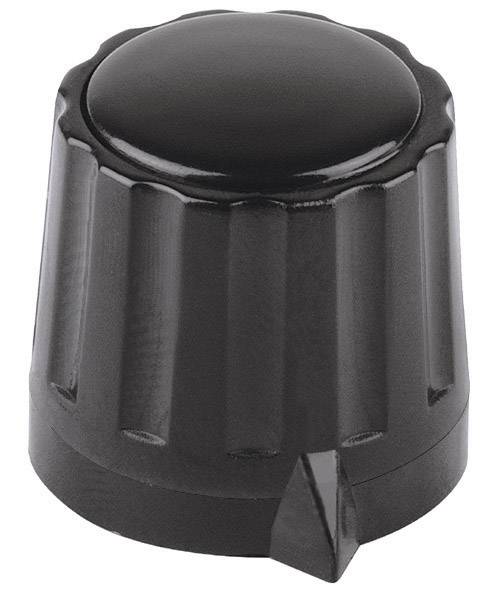 A black rotary knob with fluted sides and a pointer.