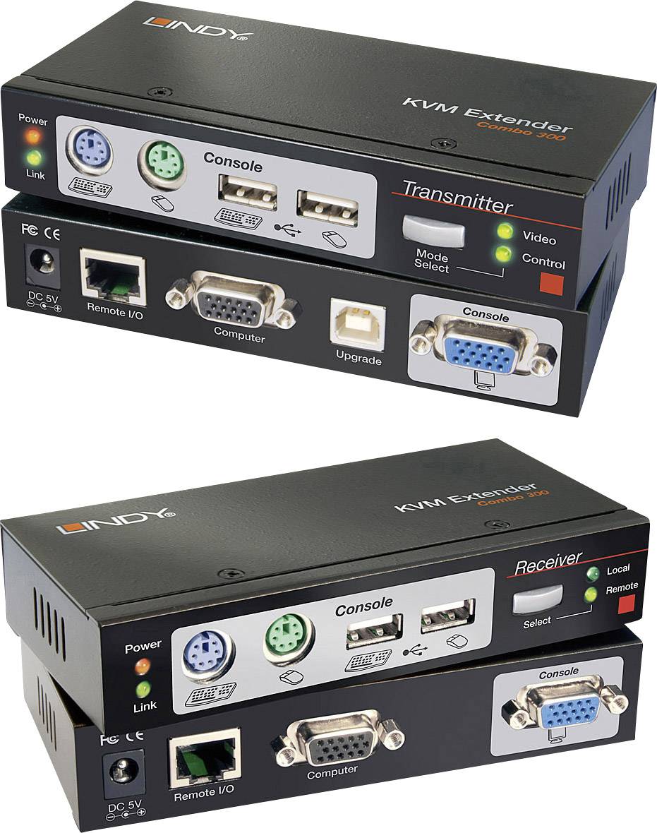 Two KVM extender devices. Above is the 'transmitter' with VGA and input connections, below is the 'receiver' with VGA output and USB port.