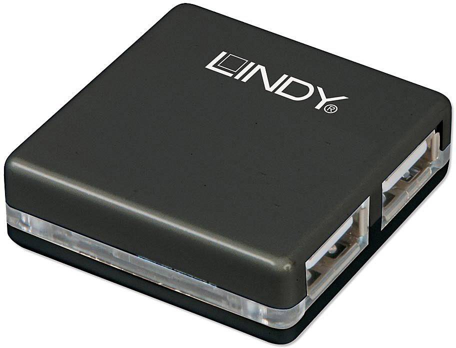 A square, black device with 'Lindy' written on the top surface. It has multiple USB ports on the side.