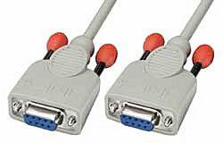 Two grey VGA plugs with blue pins and red cables, connected by a cable, on a white background. Suitable for video connections.
