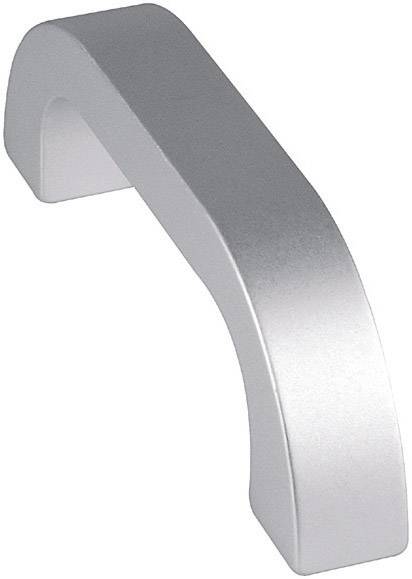 A silver metal handle in a curved form. Ideal for cabinet doors or drawers with a modern design.