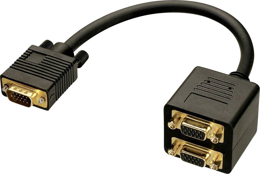 A VGA splitter cable with one VGA plug on one side and two VGA sockets on the other, for connecting multiple displays.