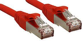 Two red Ethernet cables with transparent plugs are lying side by side.