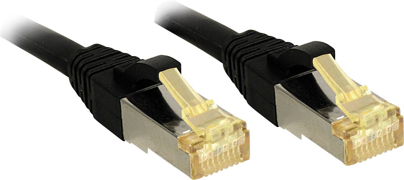 Two black Ethernet cables with RJ45 connectors are lying side by side and are slightly angled to the right.