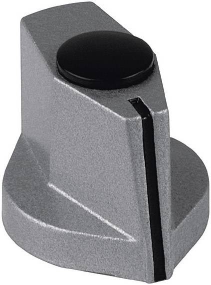 Grey metal regulator with a black button. Commonly used for household appliances to adjust temperature or volume.