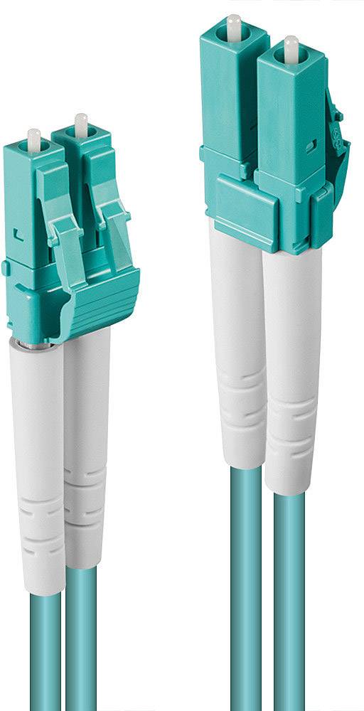 LWL duplex cable with LC connectors in turquoise and white, suitable for high-speed internet connections.
