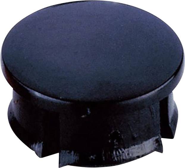 Black plastic closure cap, cylindrical shape, smooth, for covering purposes in a technical or craft application.