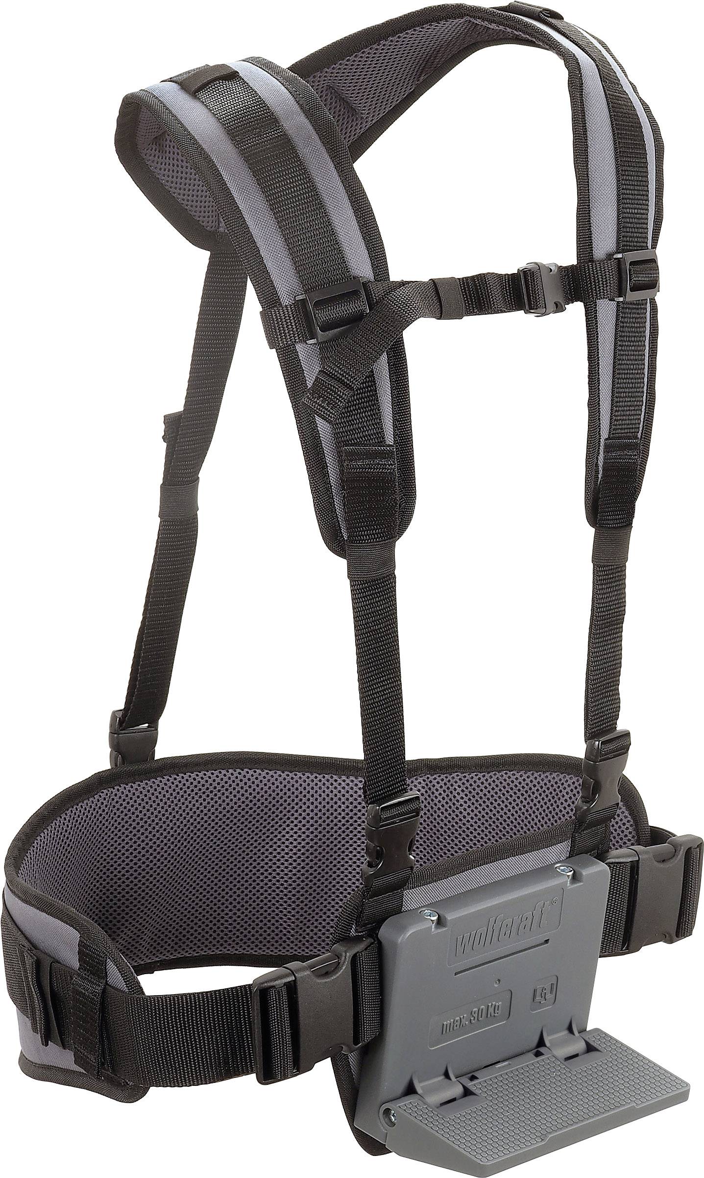 A black and grey carrying harness with buckles and a mounting area, suitable for attaching devices or tools.