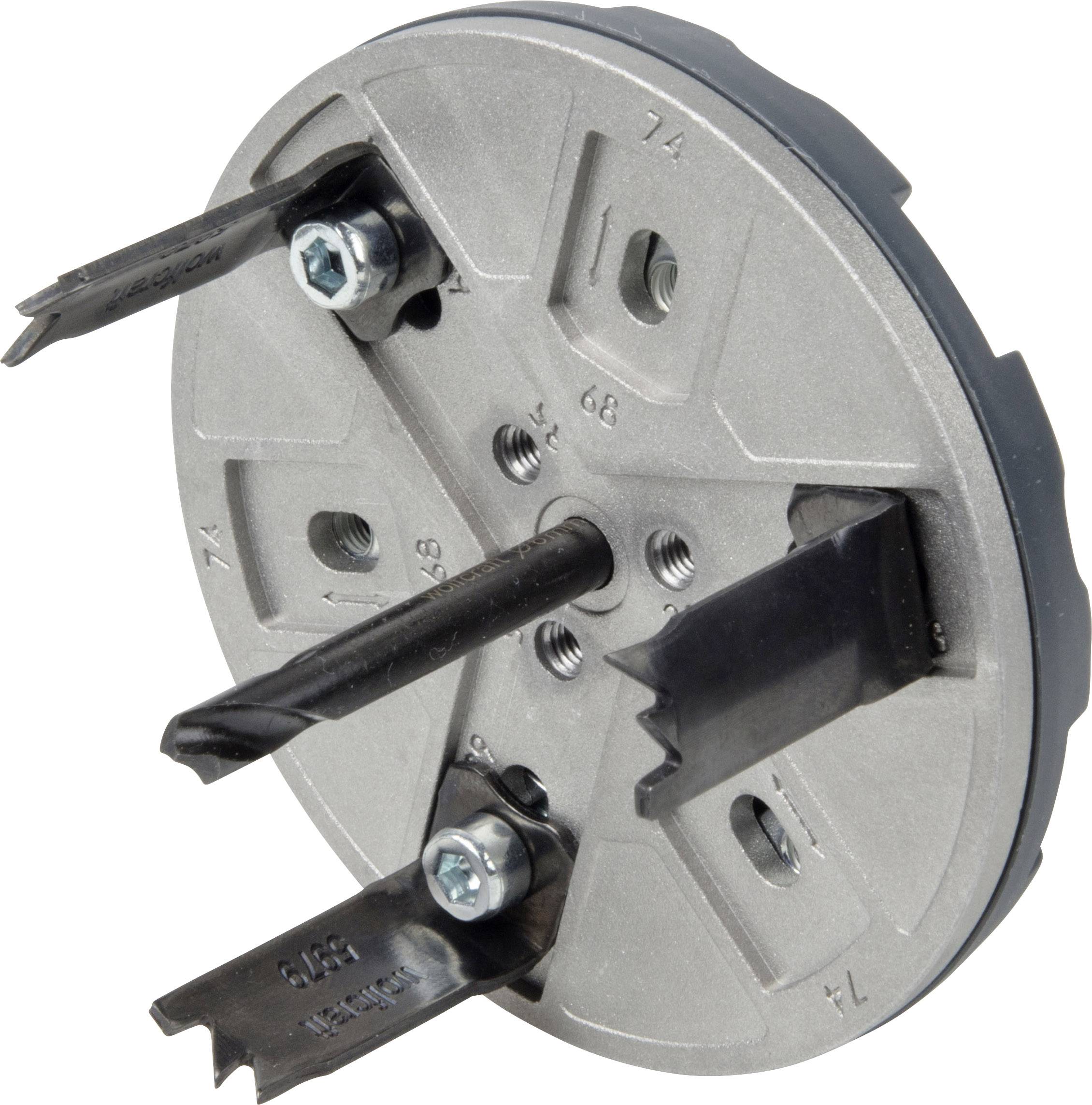 An adjustable hole saw with metal disc and three blades, suitable for drilling large holes in various materials.