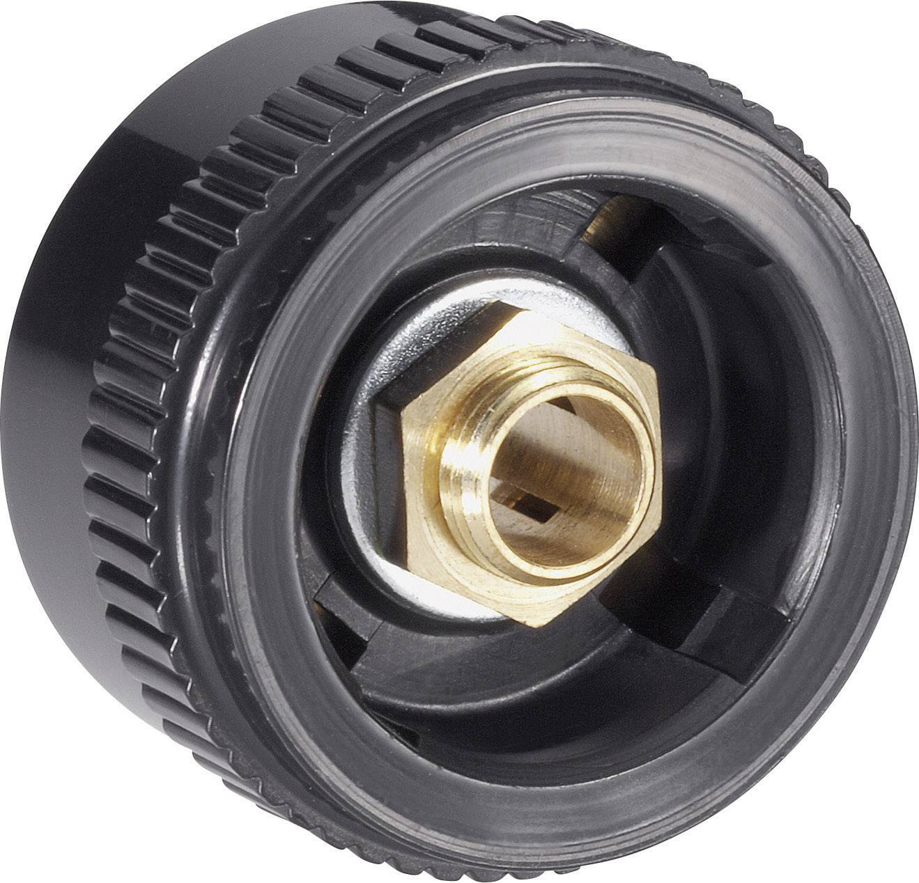 A metal thread with a black plastic rim. Used for connecting hoses or other attachments to an outdoor garden tap.