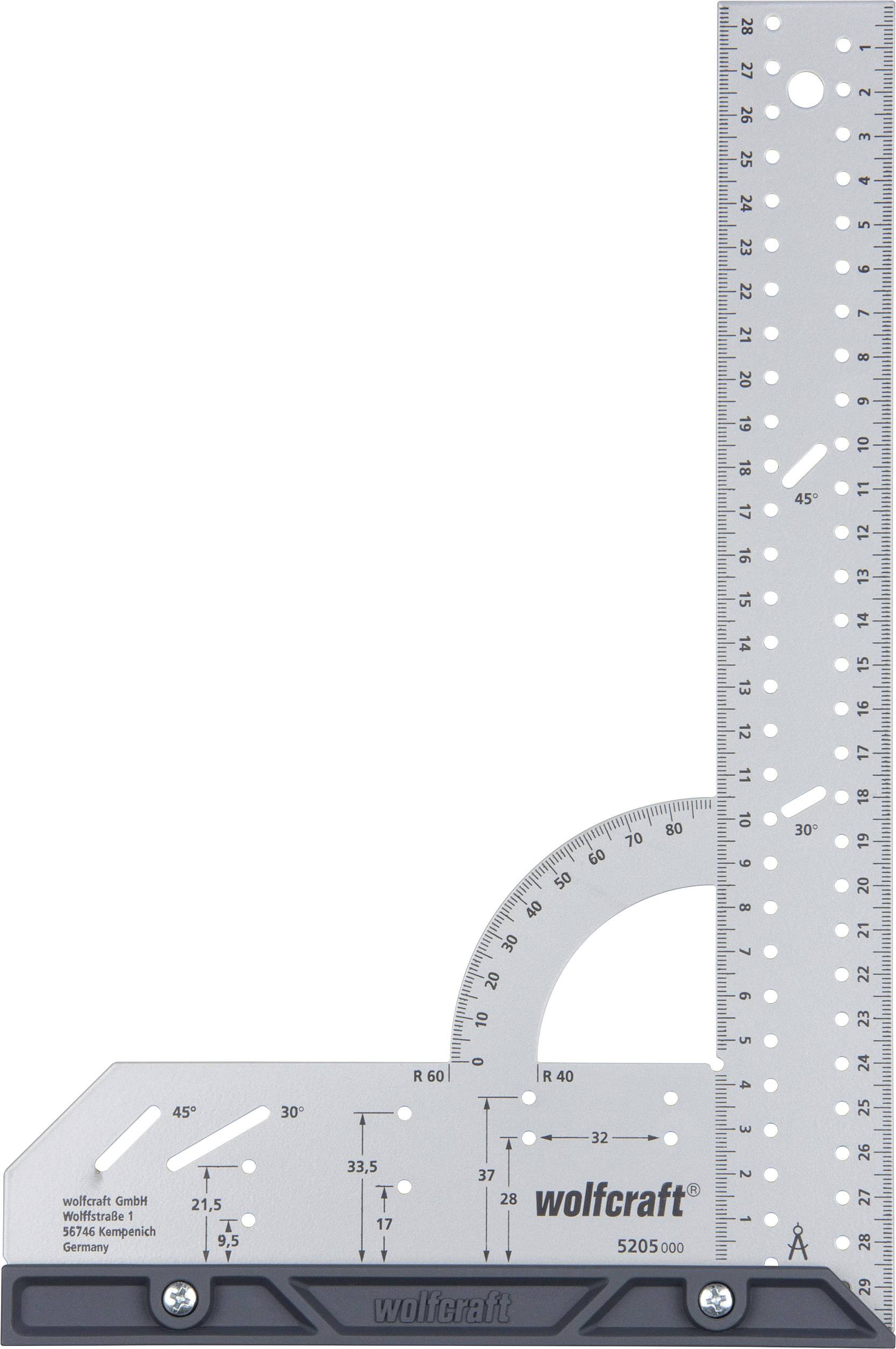 A protractor with grey and black design, marked in centimetres. Brand name 'wolfcraft' displayed on the underside.