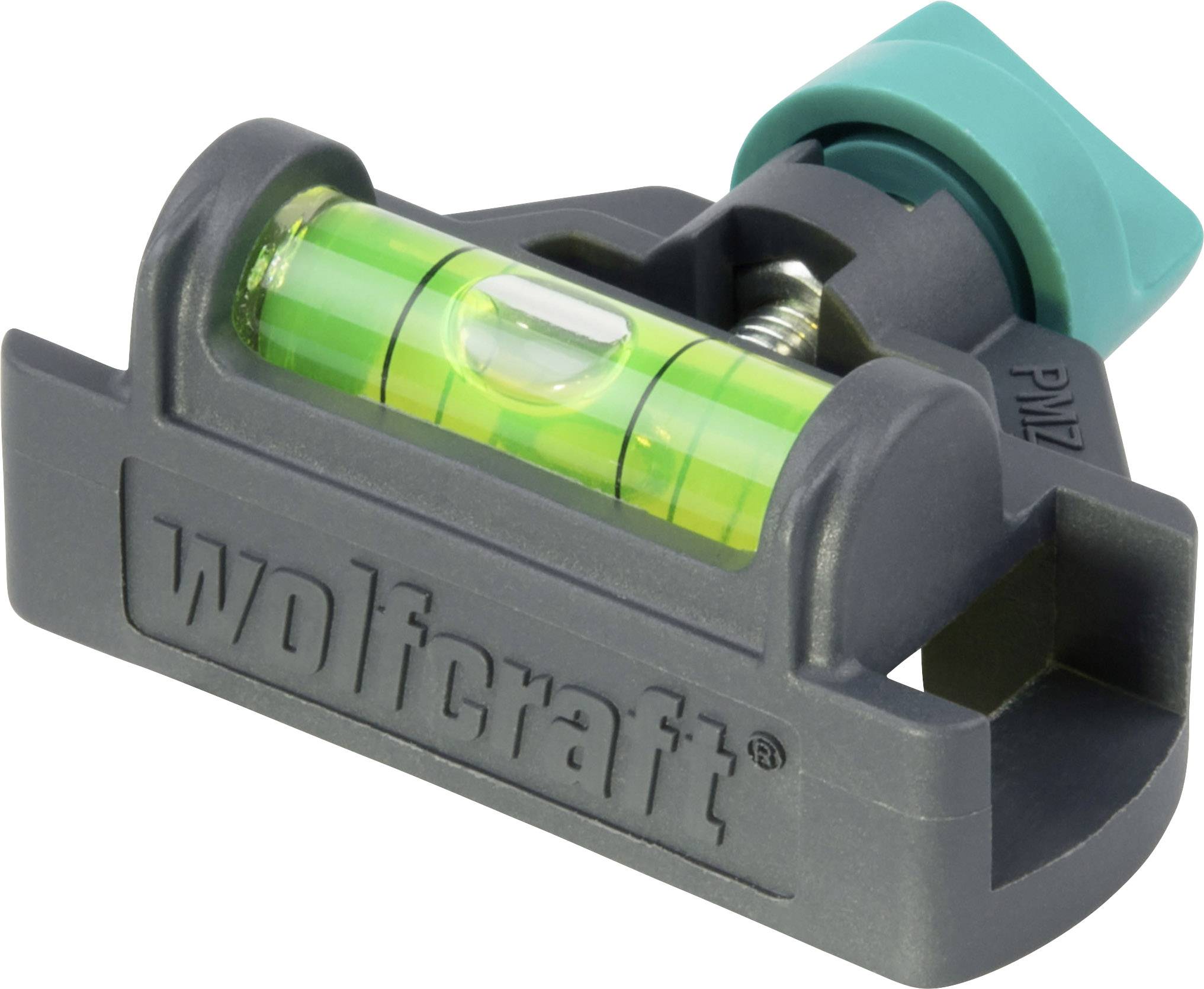 Spirit level with a green bubble in a grey casing by 'wolfcraft', used for precise horizontal measurement.