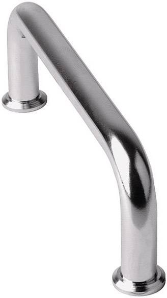 A silver metal grab handle that angles diagonally upwards to the left, with round end plates for mounting to a surface.