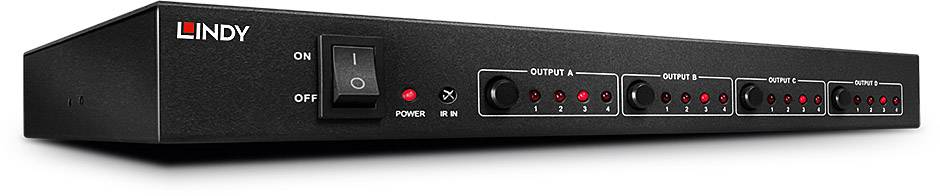 A black Lindy KVM switch with six red lights on the front indicates the status of the outputs and inputs.