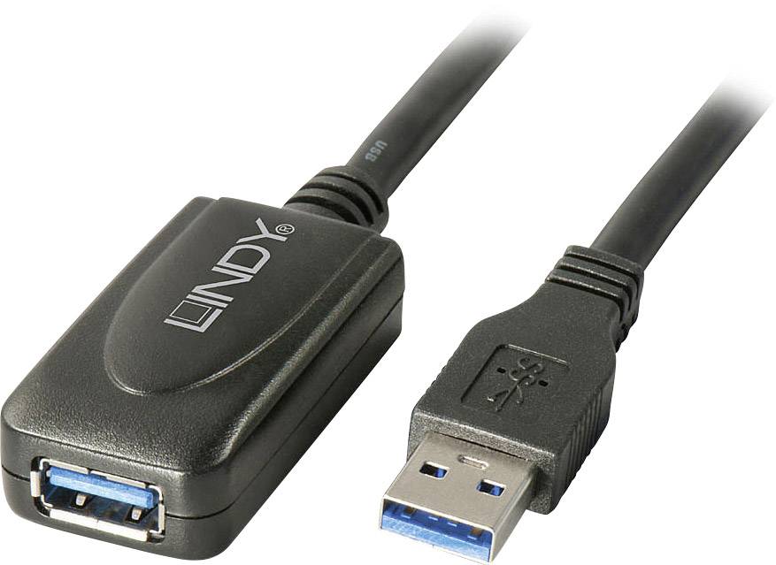 USB extension cable with one plug and one socket, both black with blue inserts. 'LINDY' brand name on the socket.