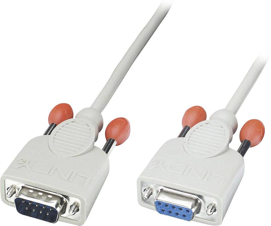 Two VGA cable plugs: one with blue pins and one with holes, both with white plastic housings and red locking screws.