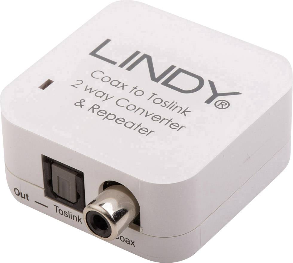 A white LINDY converter for Coax to Toslink and repeater with connections for Toslink and Coax. Labelled with product information.