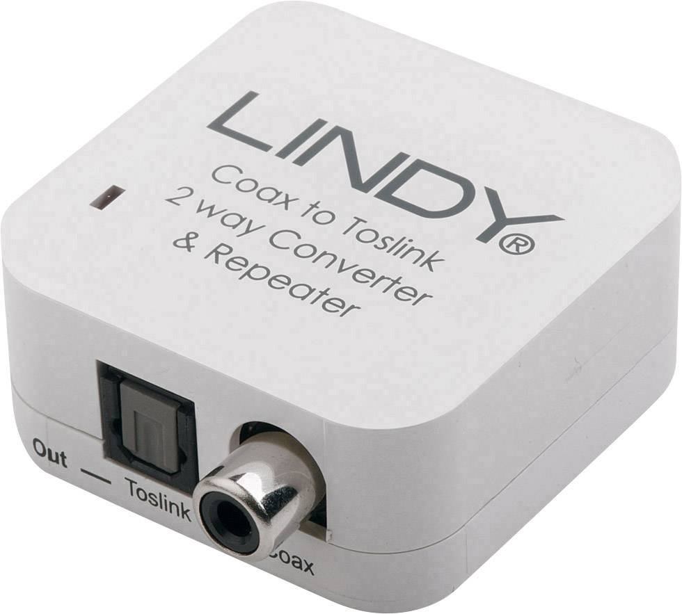 Small, white LINDY converter with the inscription 'Coax to Toslink 2 way Converter & Repeater'; has Toslink and Coax connections.