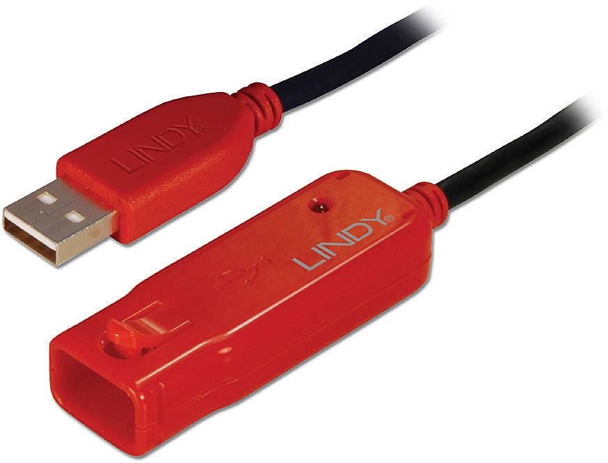 Red USB extension cable with specific adapter housing and LINDY logo. Connects devices over longer distances.