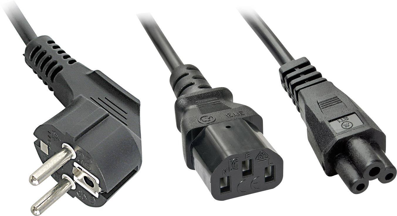 Three different black power plug types: Schuko, C13 and C5, which are suitable for use with various electronic devices.