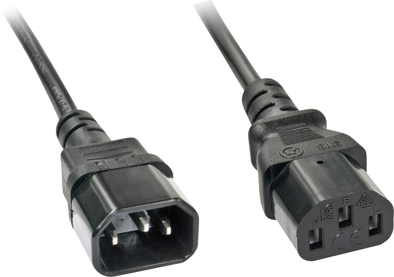Two black IEC power connectors, Type C13 and C14, with cables. The left plug has three metal contacts, the right one three sockets.