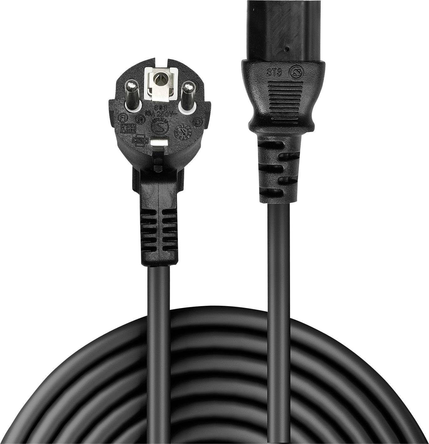 A black power cable with a European plug and socket, suitable for electrical devices. The cable type is sturdy and elongated.