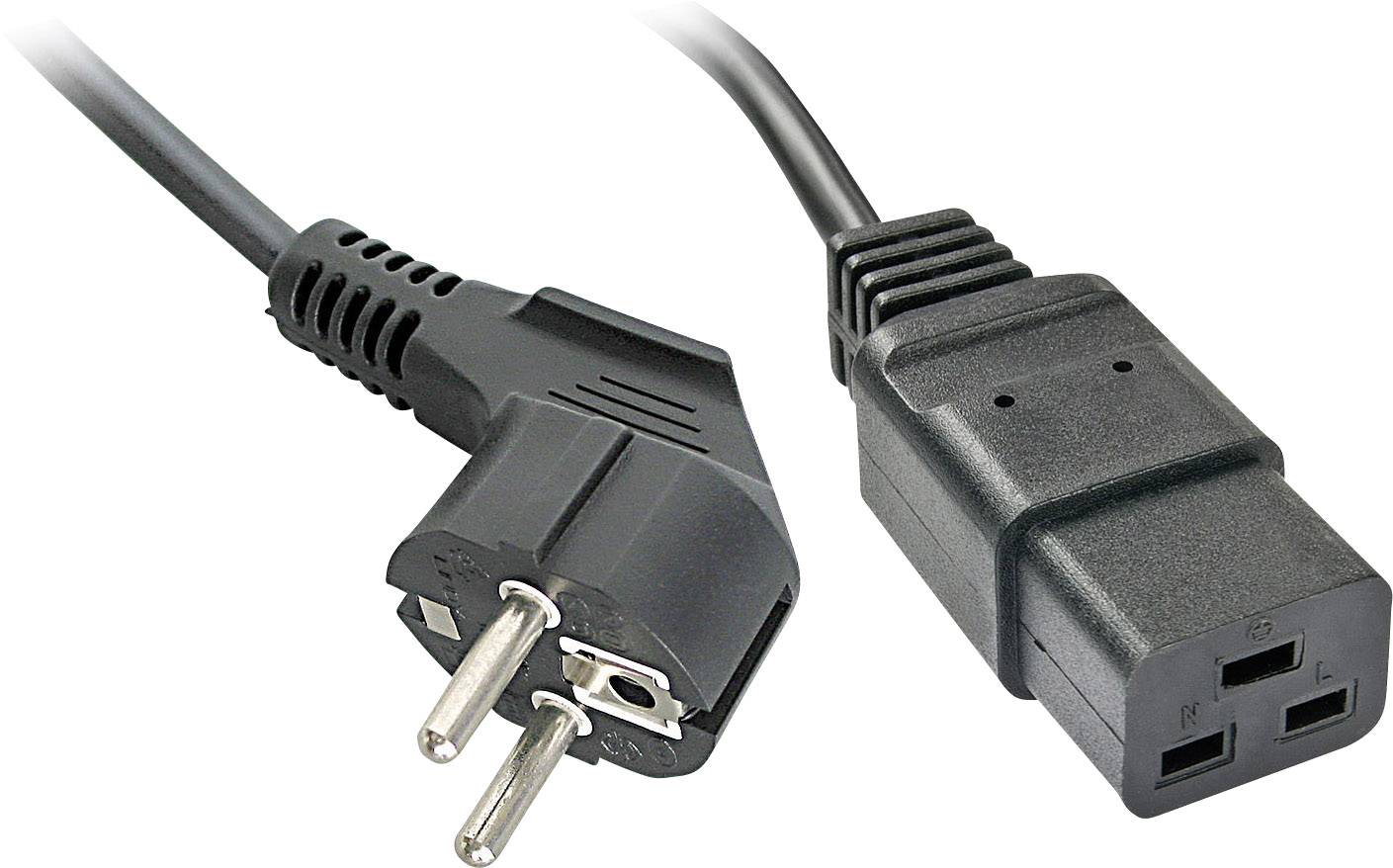 A black network cable with a Euro plug on the left and an IEC plug on the right, for connecting electronic devices.