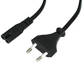 Black network cable with two-pin Euro plug and female IEC connector, suitable for electronic devices.