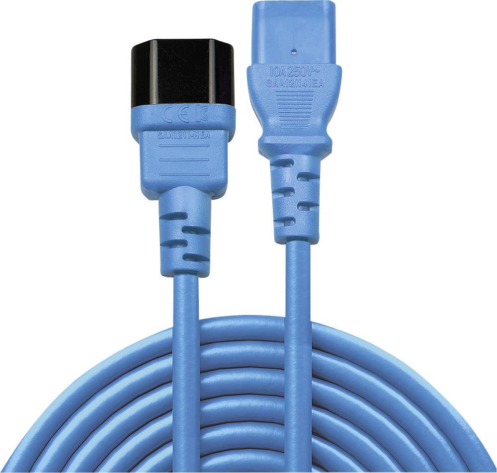 Blue network cable with IEC connectors, one black, one blue, showing the connections and the long cable.