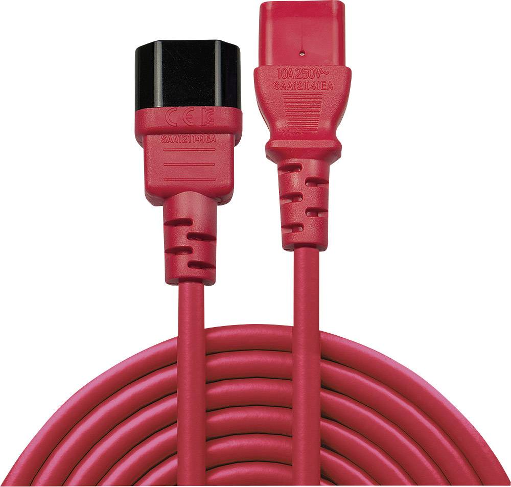 Red power cable with a black plug end; suitable for electrical devices; shows standard connections and spiral pattern of the cable.