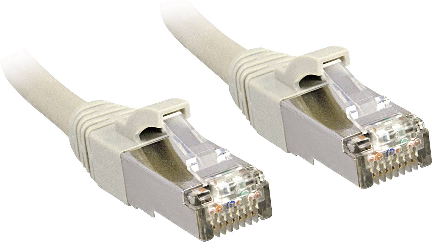 Two Ethernet plugs with transparent plastic connectors and coloured cable cores.