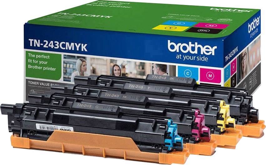 Four toner cartridges (Black, Cyan, Magenta, Yellow) in front of packaging for Brother printer, model TN-243CMYK.