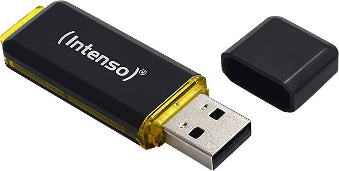 A black Intenso USB stick with the cap removed, the USB port is visible.