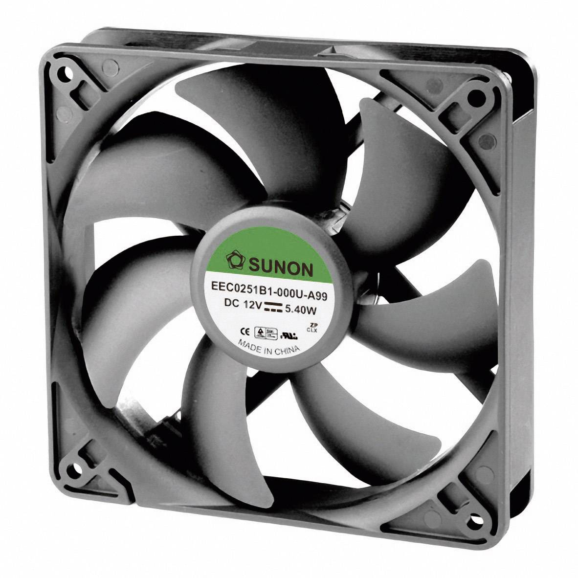 A black computer fan with a round sticker in the centre, displaying 'SUNON' and technical specifications such as voltage and power rating.