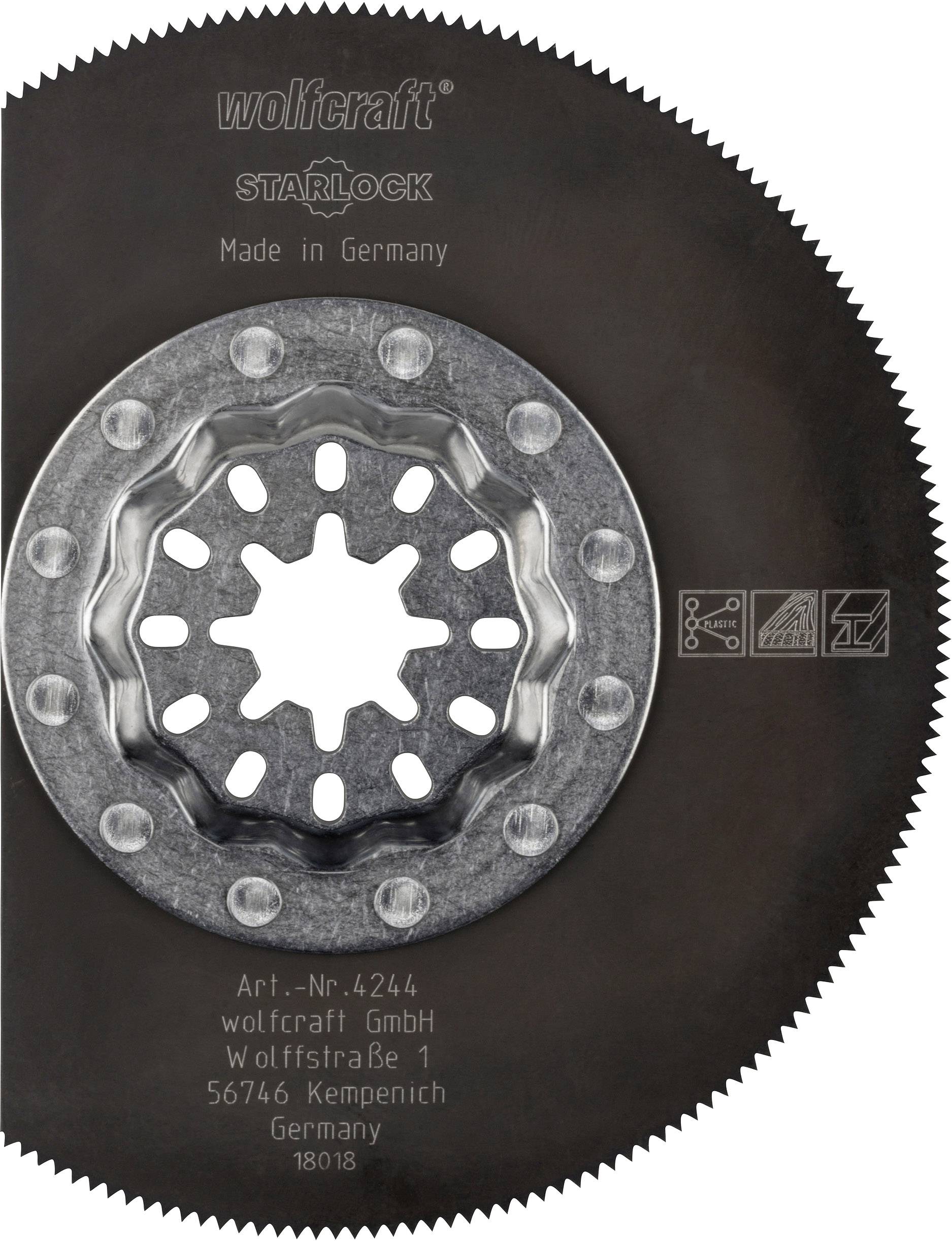 Sabre saw blade with circular metal disc and teeth, brand 'wolfcraft'. Text: 'STARLOCK', 'Made in Germany', address in Kempenich.