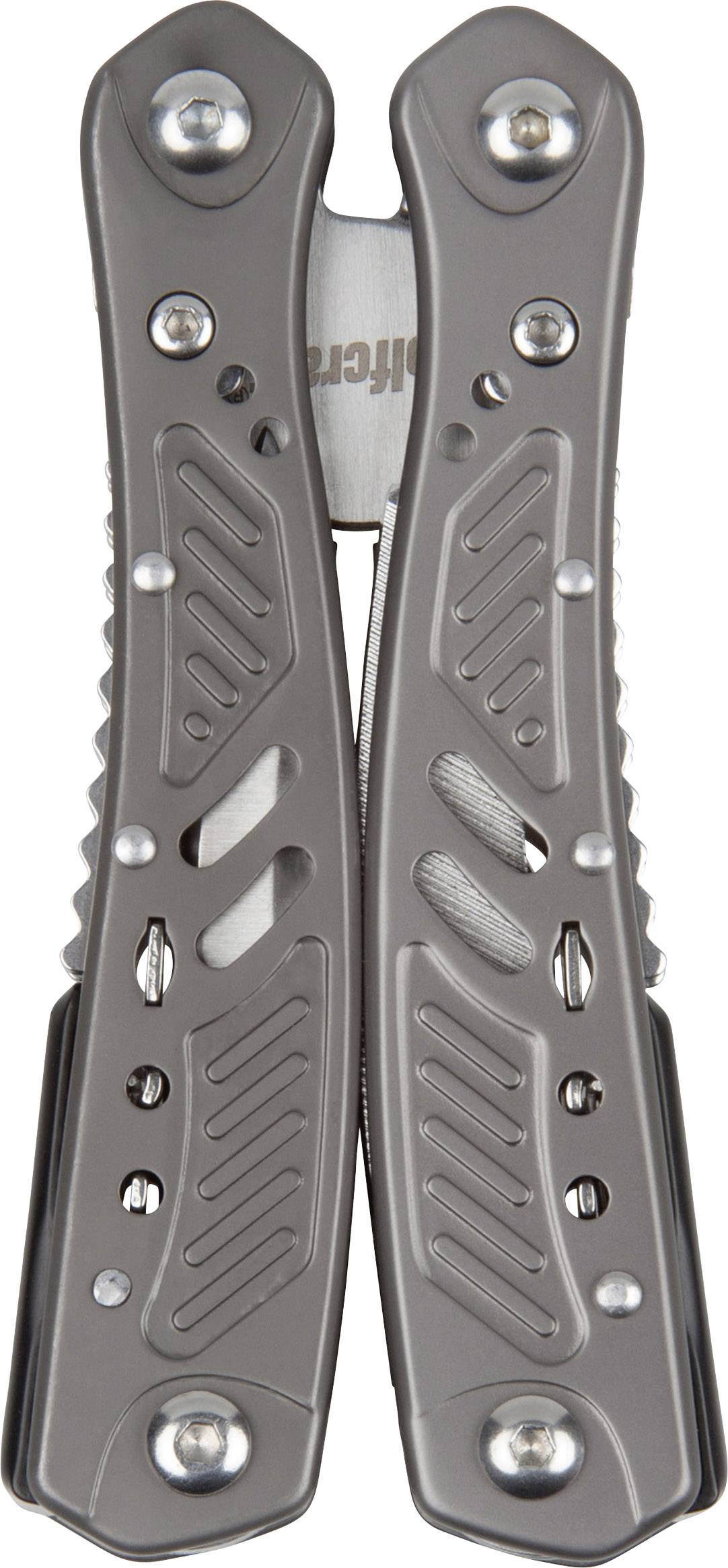 Silver multi-functional tool in a closed position. Ergonomically shaped handles with multiple slots and screws are visible.