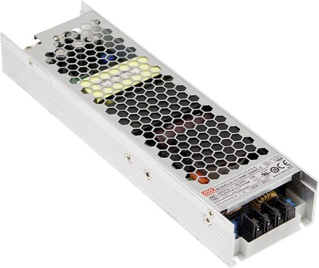 Slim power supply enclosure with honeycomb-style ventilation and connection terminals, suitable for electronic devices' power supply.