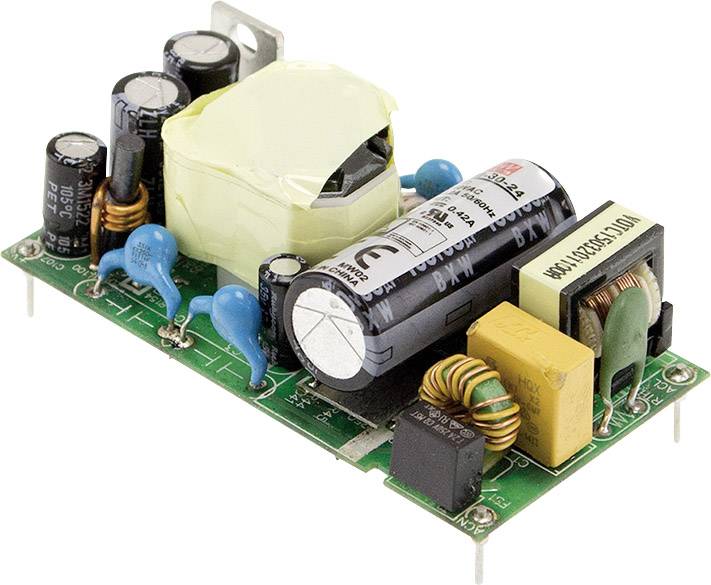 Electronic circuit on a circuit board with capacitors, inductors, and resistors. Used for voltage regulation in devices.