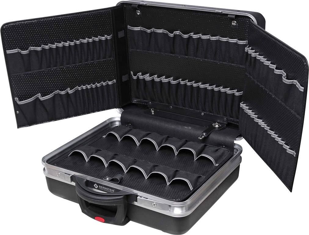 Opened black tool case with multiple compartments and pockets for organising various tools.