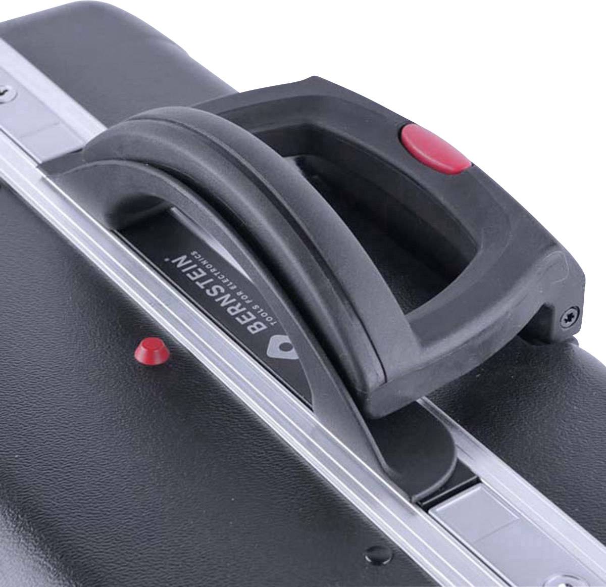 A black handle with a red button on a case; indicates a robust, portable tool case.