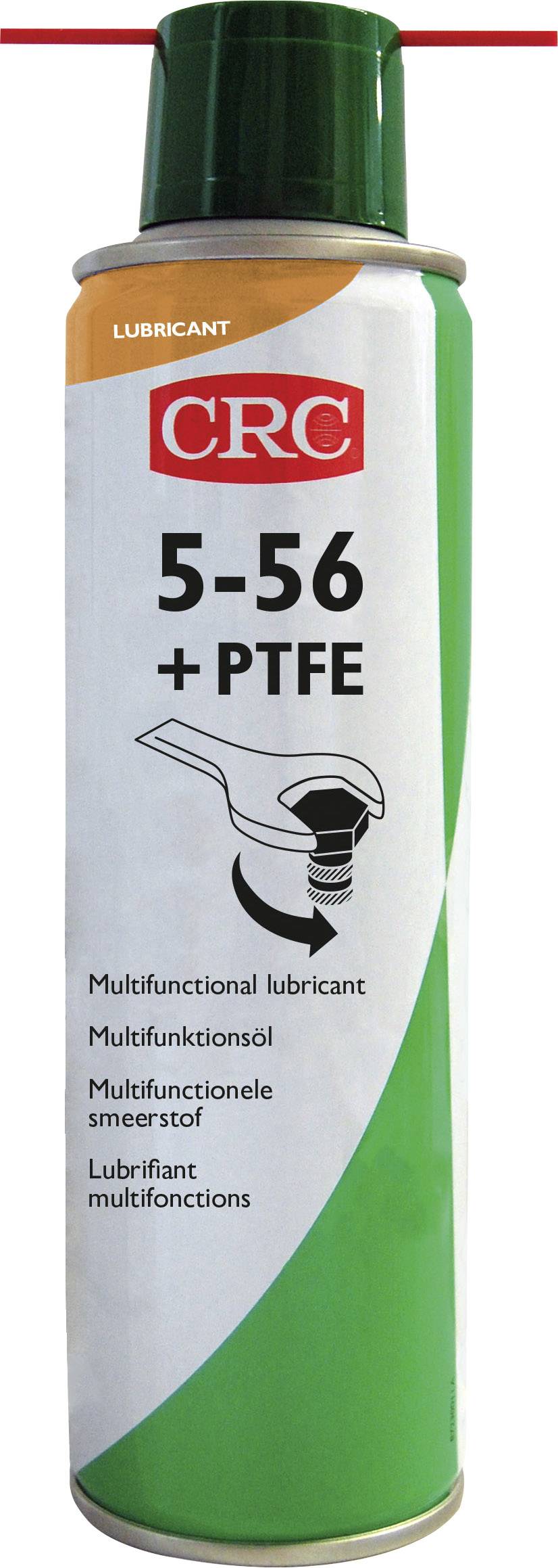 Spray can with green label. Brand 'CRC', product '5-56 + PTFE'. Versatile lubricant according to label for various applications.