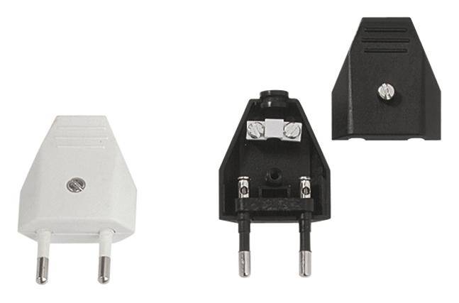 White and black two-pin Euro plug socket sets, front and back views visible.