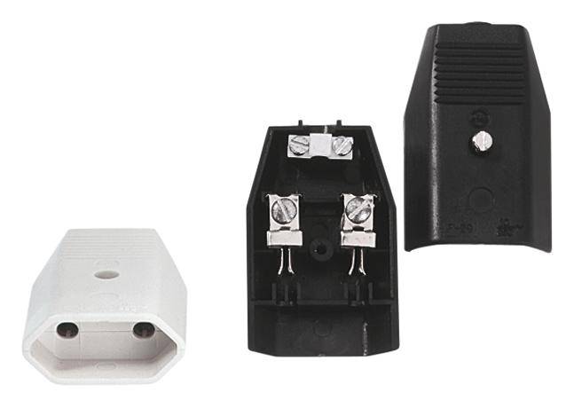 Two plastic enclosures for electrical plugs, one black and open, the other white and closed, with screw terminals.