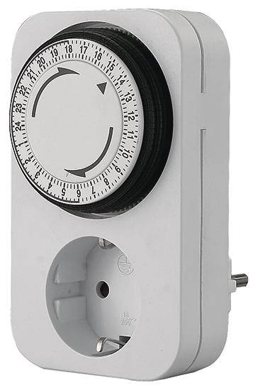 A mechanical timer switch with a 24-hour setting dial and socket, designed for automatic control of electrical appliances.