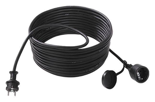 A coiled black electrical cable with a plug at one end and a socket at the other end.