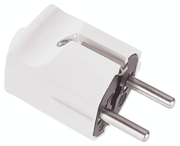 White Euro adapter plug with two round pins, suitable for connecting devices to European power sockets.