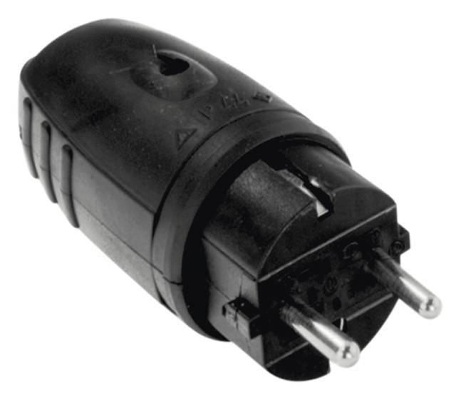 Black European two-pin plug for electrical devices, shown from the front and slightly to the side.