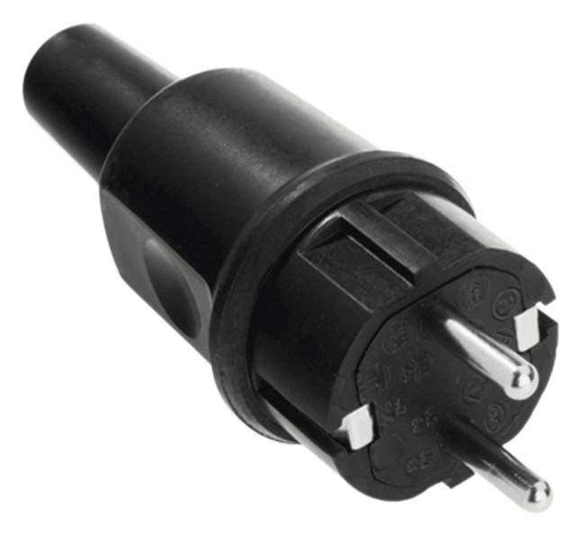 A black, round, European mains plug with two metal pins and an earth pin for electrical devices.